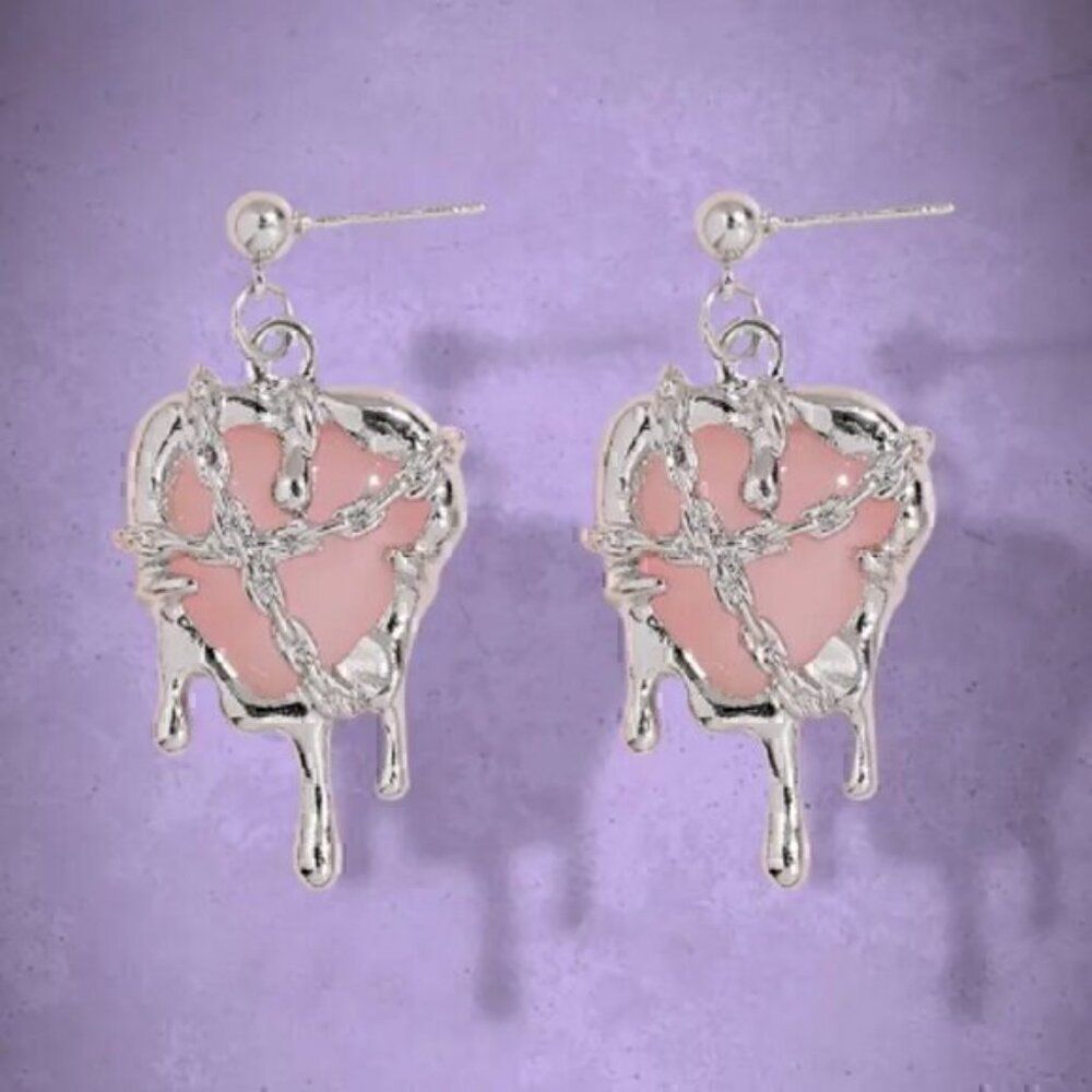 Pink Silver Gothic Style Sweet Dark Chained Heart  Imprisoned Heart Earrings